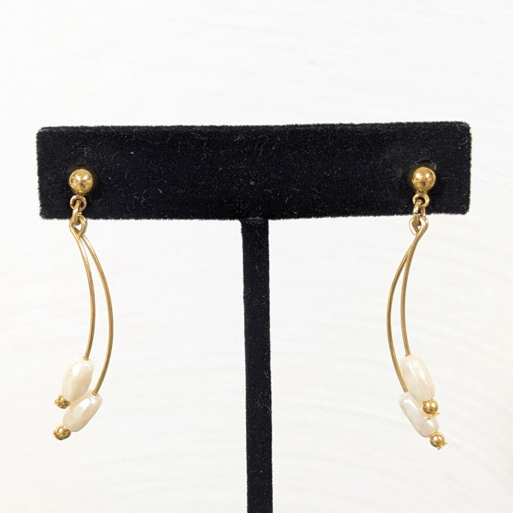Vintage Gold Tone Faux Pearl Curved Bar Dangle Earrings